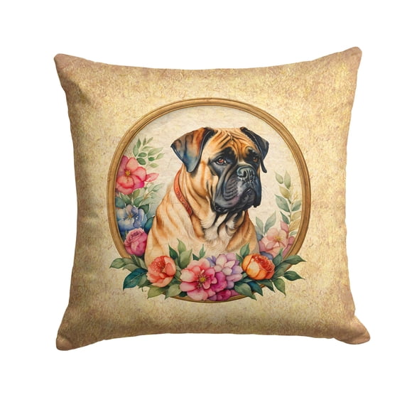 Carolines Treasures 14 x 14 in. Unisex Bullmastiff & Flowers Fabric Decorative Pillow