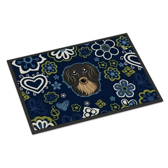 Carolines Treasures BB5064MAT 18 x 27 in. Blue Flowers Longhair Black & Tan Dachshund Indoor or Outdoor Mat