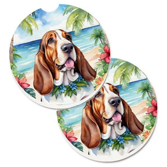 Carolines Treasures DAC6361CARC 2.5 x 2.5 in. Basset Hound Luau Cup Holder Car Coasters - Set of 2
