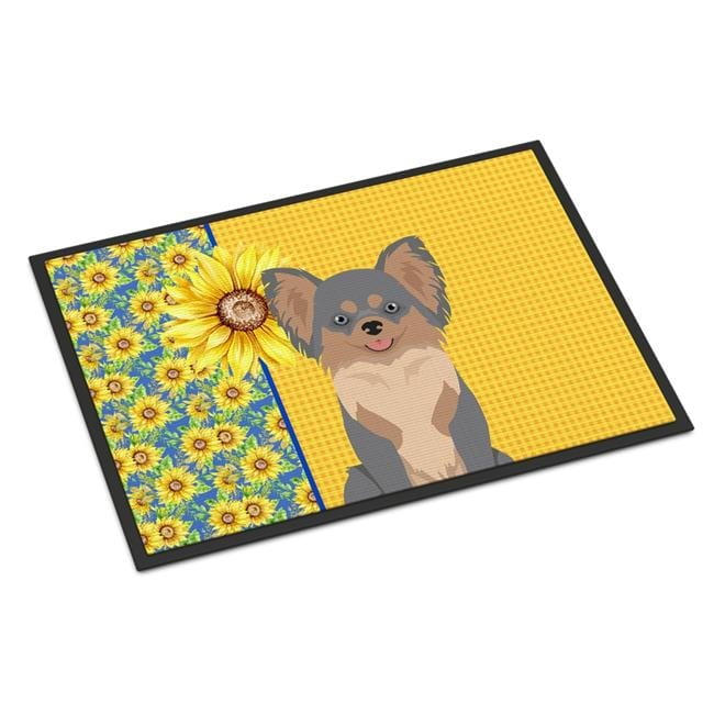 Summer Sunflowers Longhaired Blue and Tan Chihuahua Indoor or Outdoor Mat 24x36