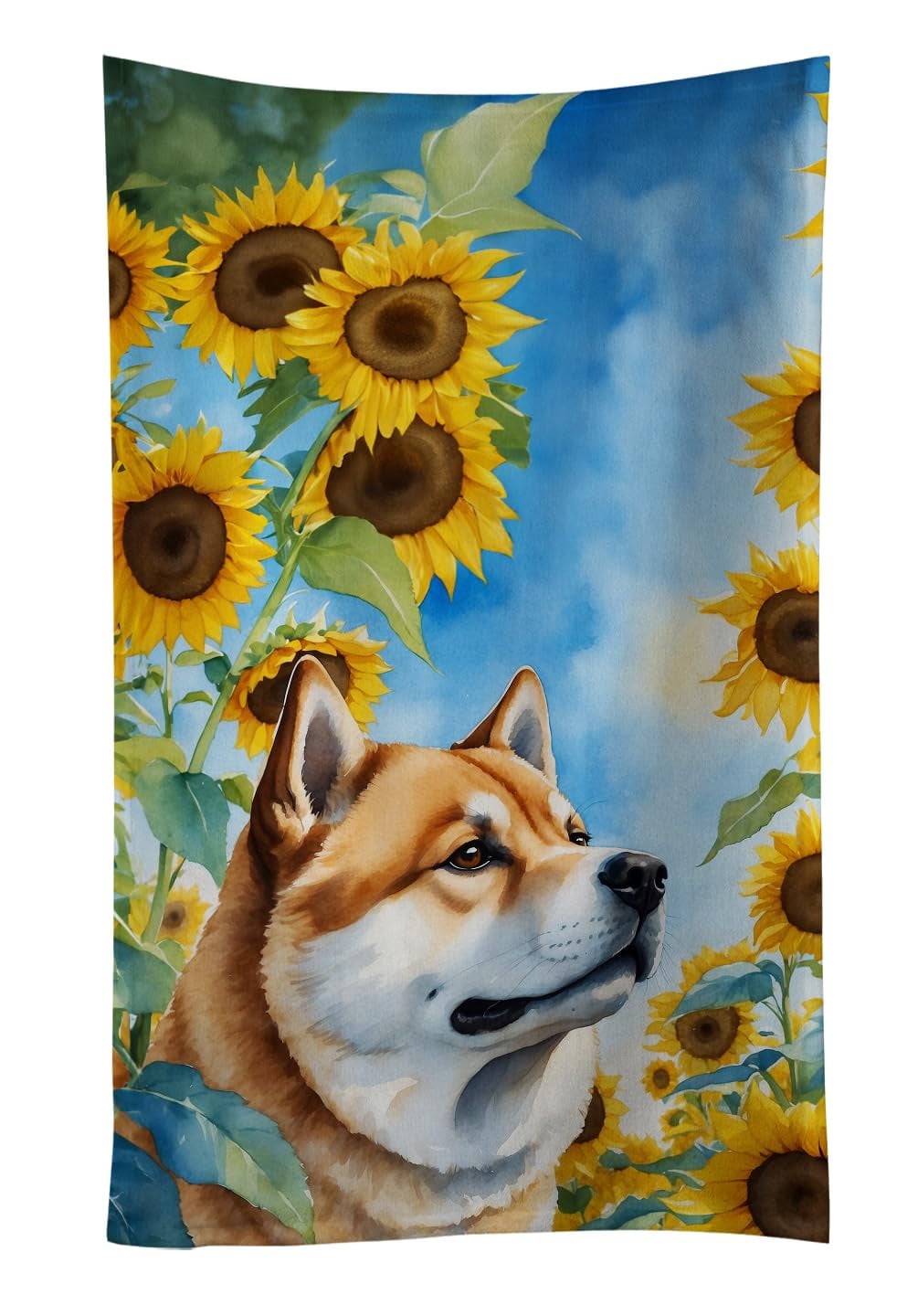 Akita in Sunflowers Kitchen Towel 15 in x 25 in