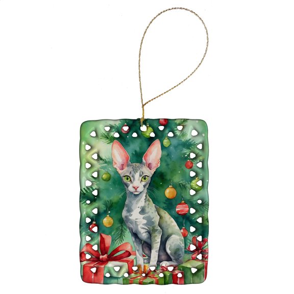 Carolines Treasures DAC7208CO2 3.4 x 2.6 in. Cornish Rex Cat by the Christmas Tree Porcelain Ornament