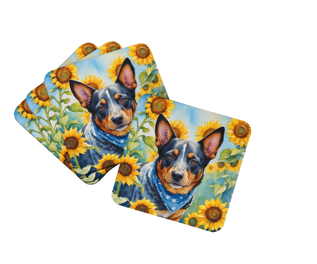 Australian Cattle Dog in Sunflowers Foam Coasters 3.5 in x 3.5 in