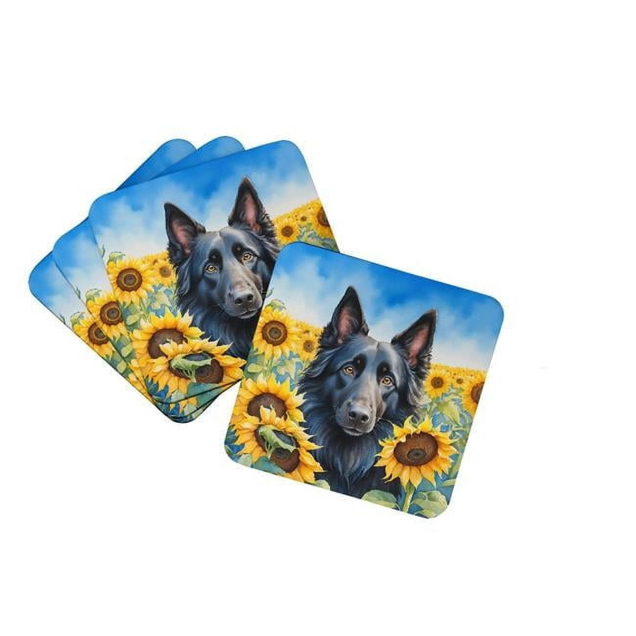 Belgian Sheepdog in Sunflowers Foam Coasters 3.5 in x 3.5 in
