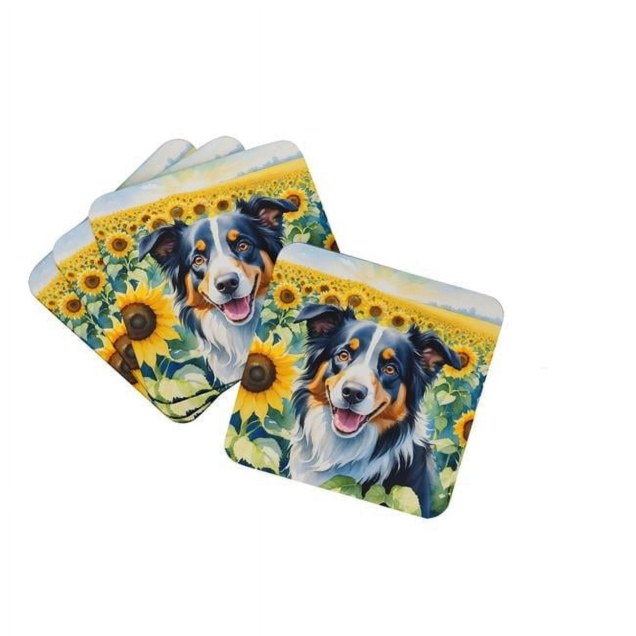 Border Collie in Sunflowers Foam Coasters 3.5 in x 3.5 in