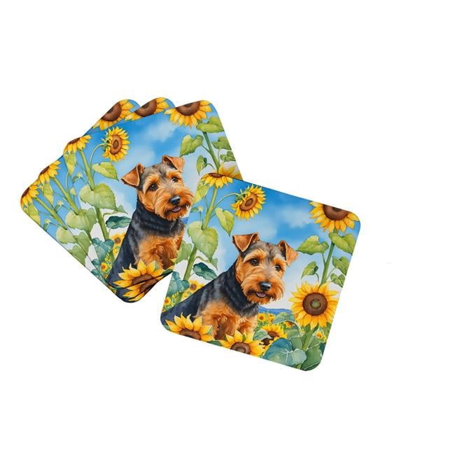 Welsh Terrier in Sunflowers Foam Coasters 3.5 in x 3.5 in