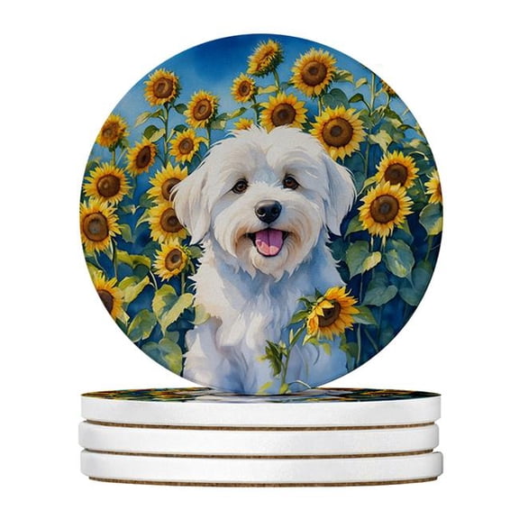 Carolines Treasures DAC6063RCS4 4 x 4 in. Coton de Tulear in Sunflowers Sandstone Coasters - Large - Pack of 4
