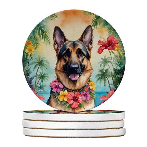 Carolines Treasures DAC6437RCS4 4 x 4 in. German Shepherd Luau Sandstone Coasters - Large - Pack of 4
