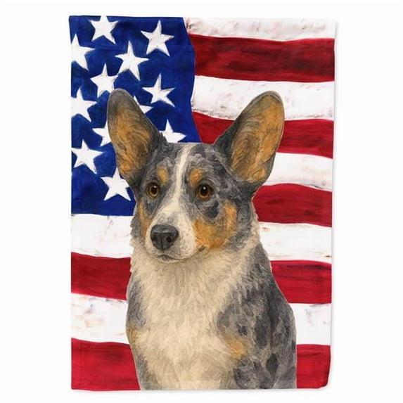 Carolines Treasures WDK6239CHF 40 x 28 in. Blue Merle Cardigan Welsh Corgi American Flag House Flag