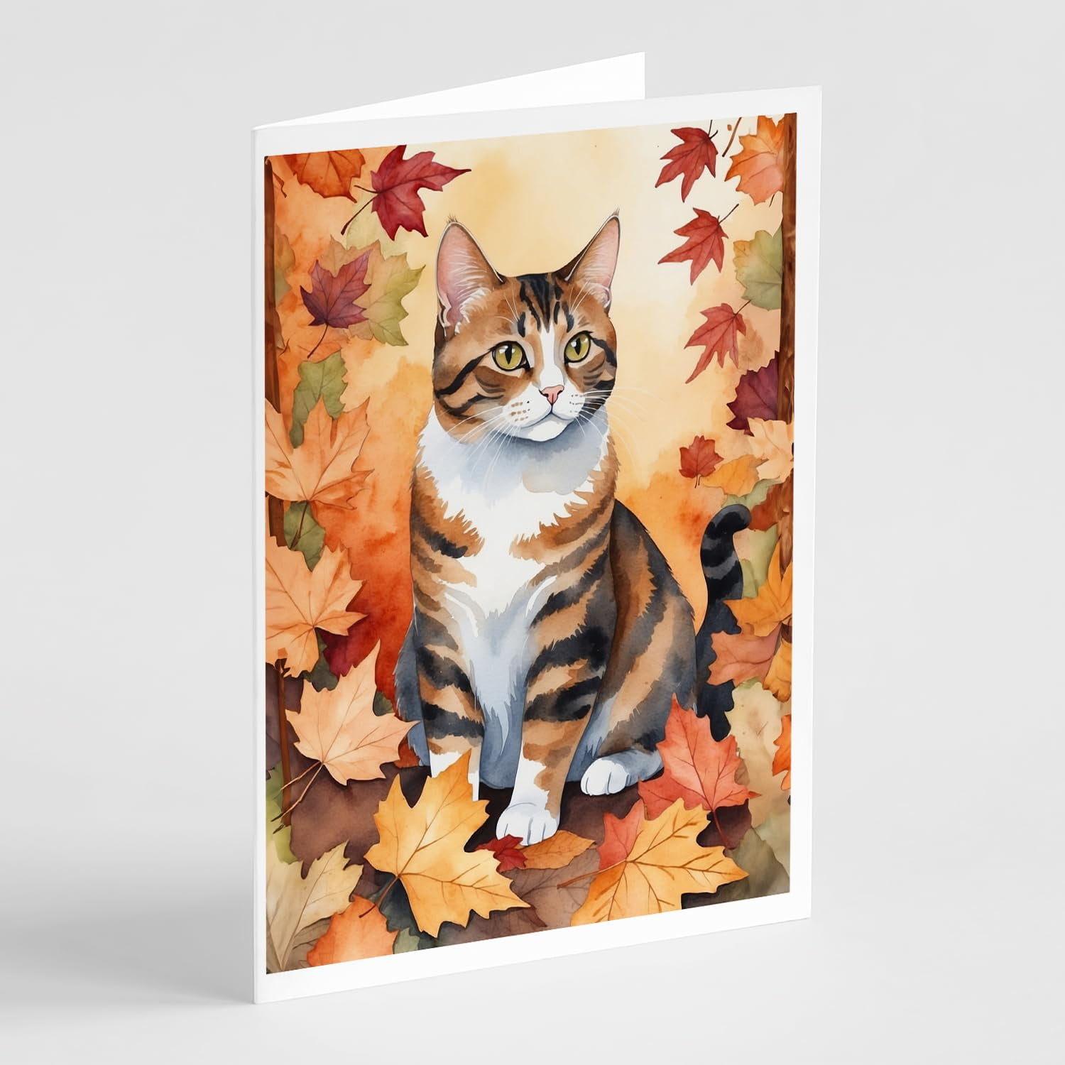 Carolines Treasures DAC7105GCA7P 5 x 7 in. American Polydactyl Cat in Fall Leaves Greeting Cards - Pack of 8