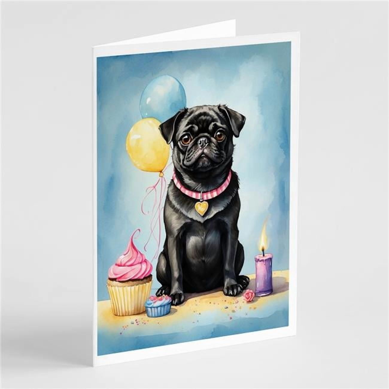 Carolines Treasures DAC8034GCA7P 5 x 7 in. Black Pug Happy Birthday Greeting Cards - Pack of 8