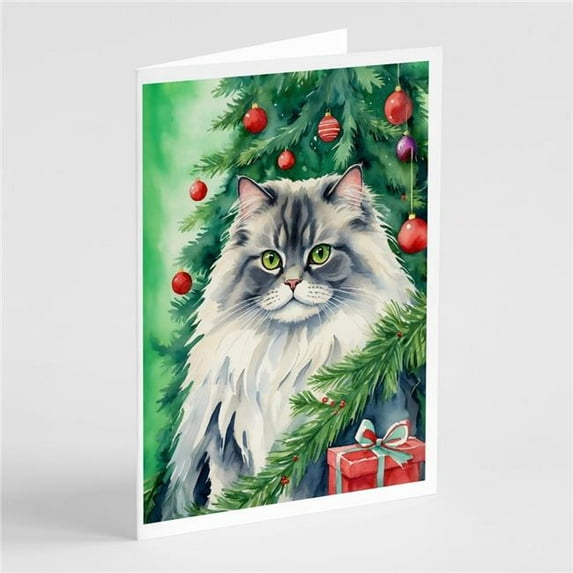 Carolines Treasures DAC7199GCA7P 5 x 7 in. British Longhair Cat by the Christmas Tree Greeting Cards - Pack of 8