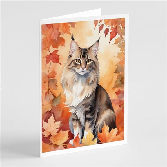 Carolines Treasures DAC7157GCA7P 5 x 7 in. Oriental Longhair Cat in Fall Leaves Greeting Cards - Pack of 8