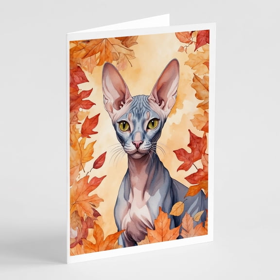 Carolines Treasures DAC7161GCA7P 5 x 7 in. Peterbald Cat in Fall Leaves Greeting Cards - Pack of 8
