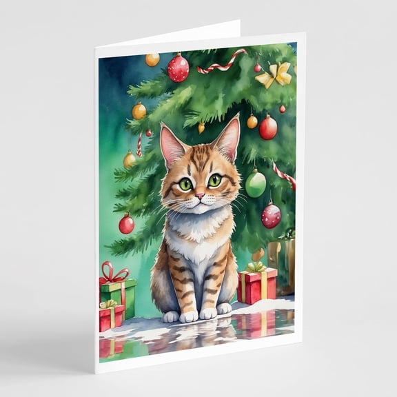 Carolines Treasures DAC7245GCA7P 5 x 7 in. Pixie Bob Cat by the Christmas Tree Greeting Cards - Pack of 8