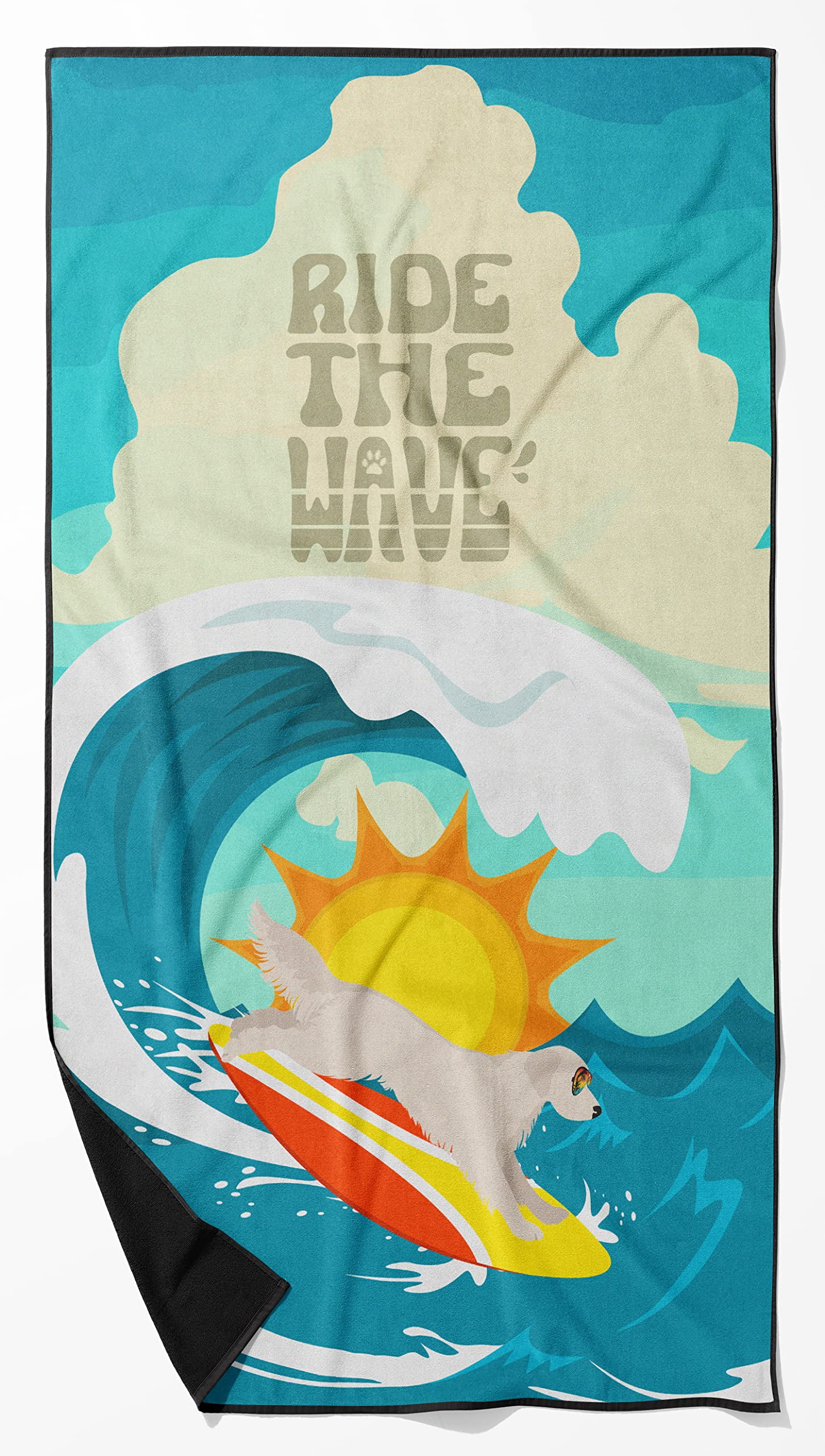 Surfer Dog Cream Golden Retriever Premium Beach Towel 30 in x 60 in