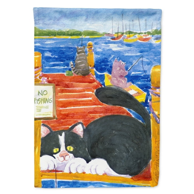 Carolines Treasures 6001-FLAG-PARENT Black and White Cat  No Fishing Flag  multicolor