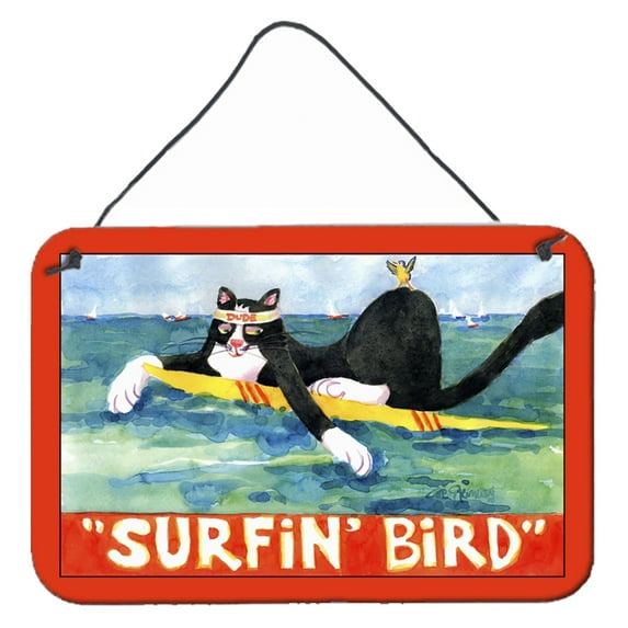 Carolines Treasures 6051DS812 Black and white Cat Surfin Bird Indoor Wall or Door Hanging Prints 8x12 multicolor