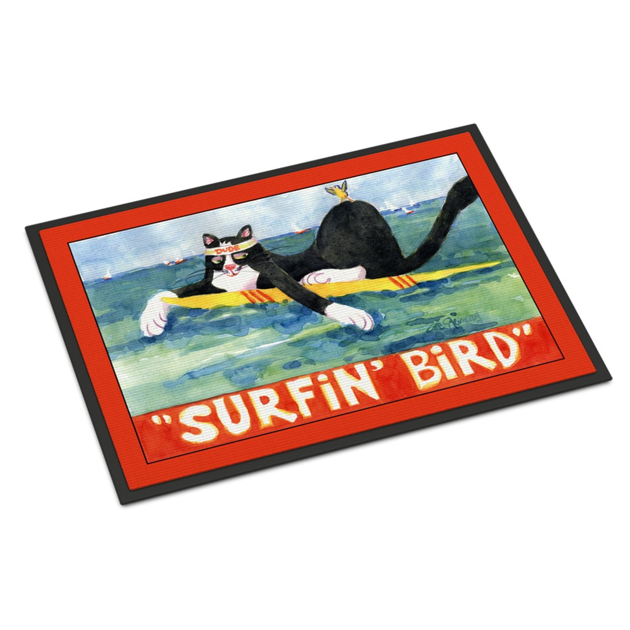Carolines Treasures 6051JMAT Black and white Cat Surfin Bird Door Mat
