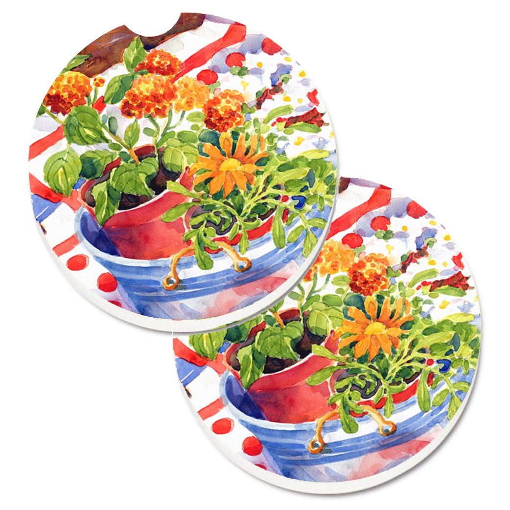 Carolines Treasures 6058CARC Flowers with a side of lemons Set of 2 Cup  Holder Car Coasters , Large, multicolor 
