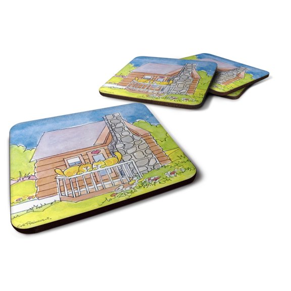 Carolines Treasures 6104FC Cat Love at the Log Cabin  Foam Coaster Set of 4 3 1/2 x 3 1/2 multicolor