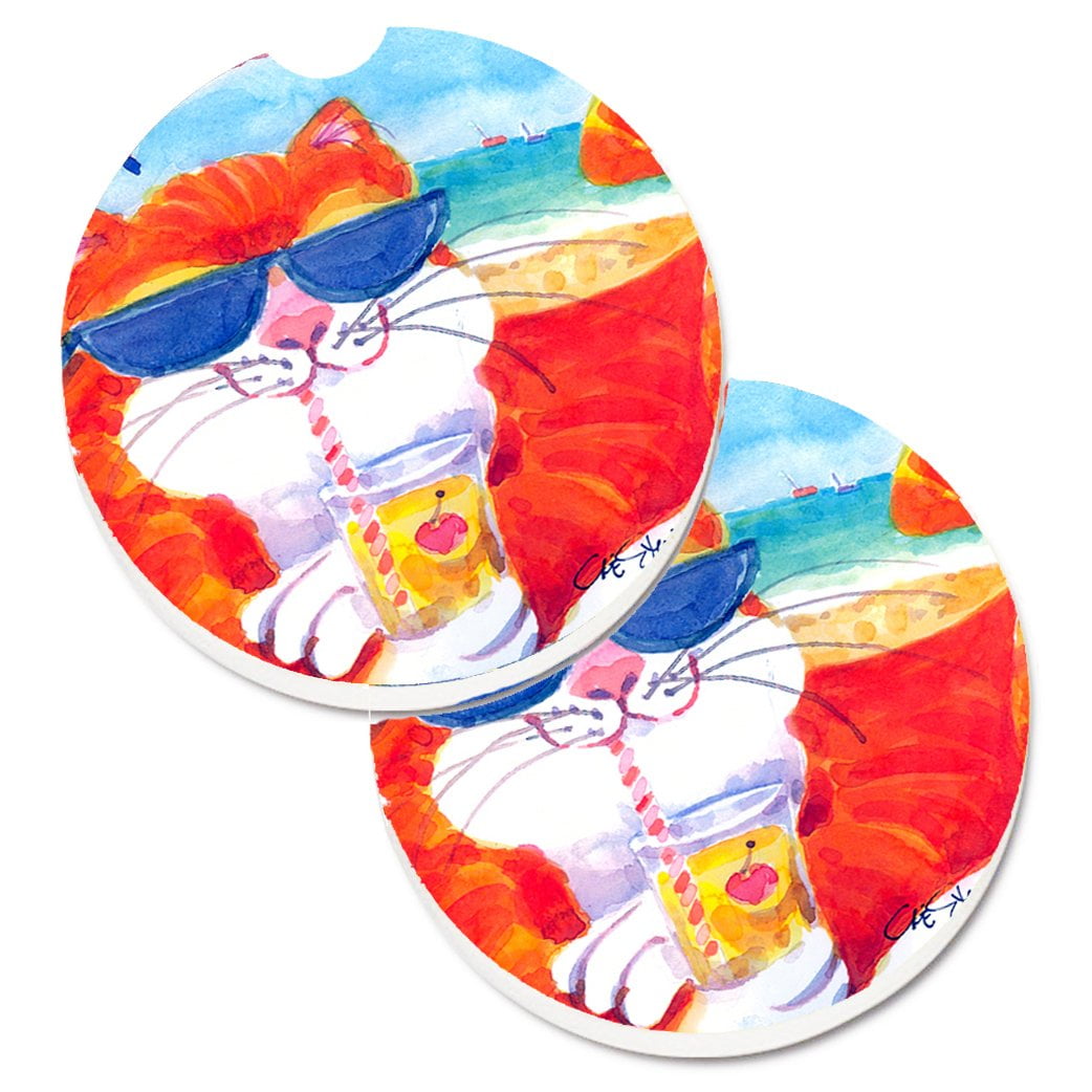 Carolines Treasures 6118CARC Cool Cat with Sunglasses at the beach Set of 2  Cup Holder Car Coasters , Large, multicolor 