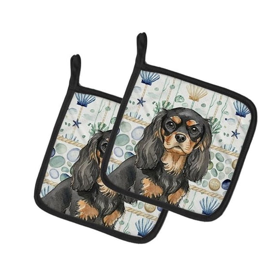 Carolines Treasures 7.5 x 7.5 in. Black & Tan Cavalier Spaniel Coastal Sea Glass Pair of Pot Holders