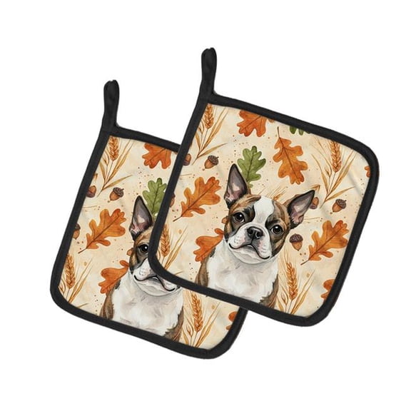 Carolines Treasures 7.5 x 7.5 in. Brindle Boston Terrier Heirloom Fall Pair of Pot Holders
