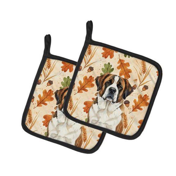 Carolines Treasures  7.5 x 7.5 in. Brindle & White Saint Bernard Heirloom Fall Pair of Pot Holders