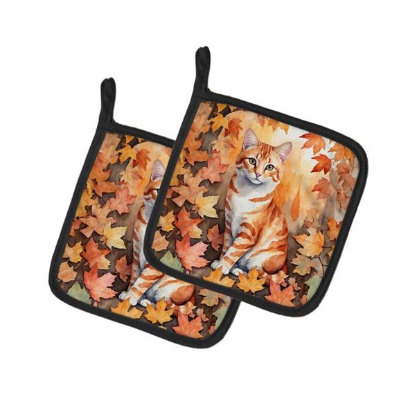 Carolines Treasures DAC7123PTHD 7.5 x 7.5 in. Cheetoh Cat in Fall Leaves Pot Holders - Set of 2
