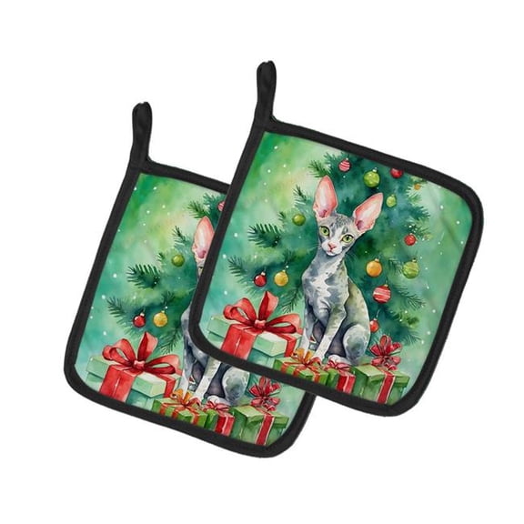 Carolines Treasures DAC7208PTHD 7.5 x 7.5 in. Cornish Rex Cat by the Christmas Tree Pot Holders - Set of 2