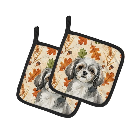 Caroline's Treasures Grey and White Tibetan Spaniel Heirloom Fall Pair of Pot Holders Pair 7.5x7.5 Quilted Insulated Hot Pads Decorative Kitchen Gift Made in USA