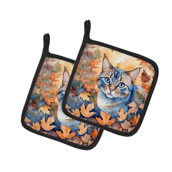 Caroline's Treasures Ojos Azules Cat in Fall Leaves Pair of Pot Holders Kitchen Heat Resistant Pot Holders Sets Oven Hot Pads for Cooking Baking BBQ, 7 1/2 x 7 1/2