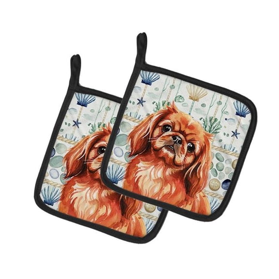 Carolines Treasures  7.5 x 7.5 in. Red Pekingese Coastal Sea Glass Pair of Pot Holders