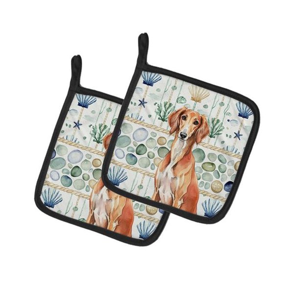 Carolines Treasures  7.5 x 7.5 in. Red Saluki Coastal Sea Glass Pair of Pot Holders