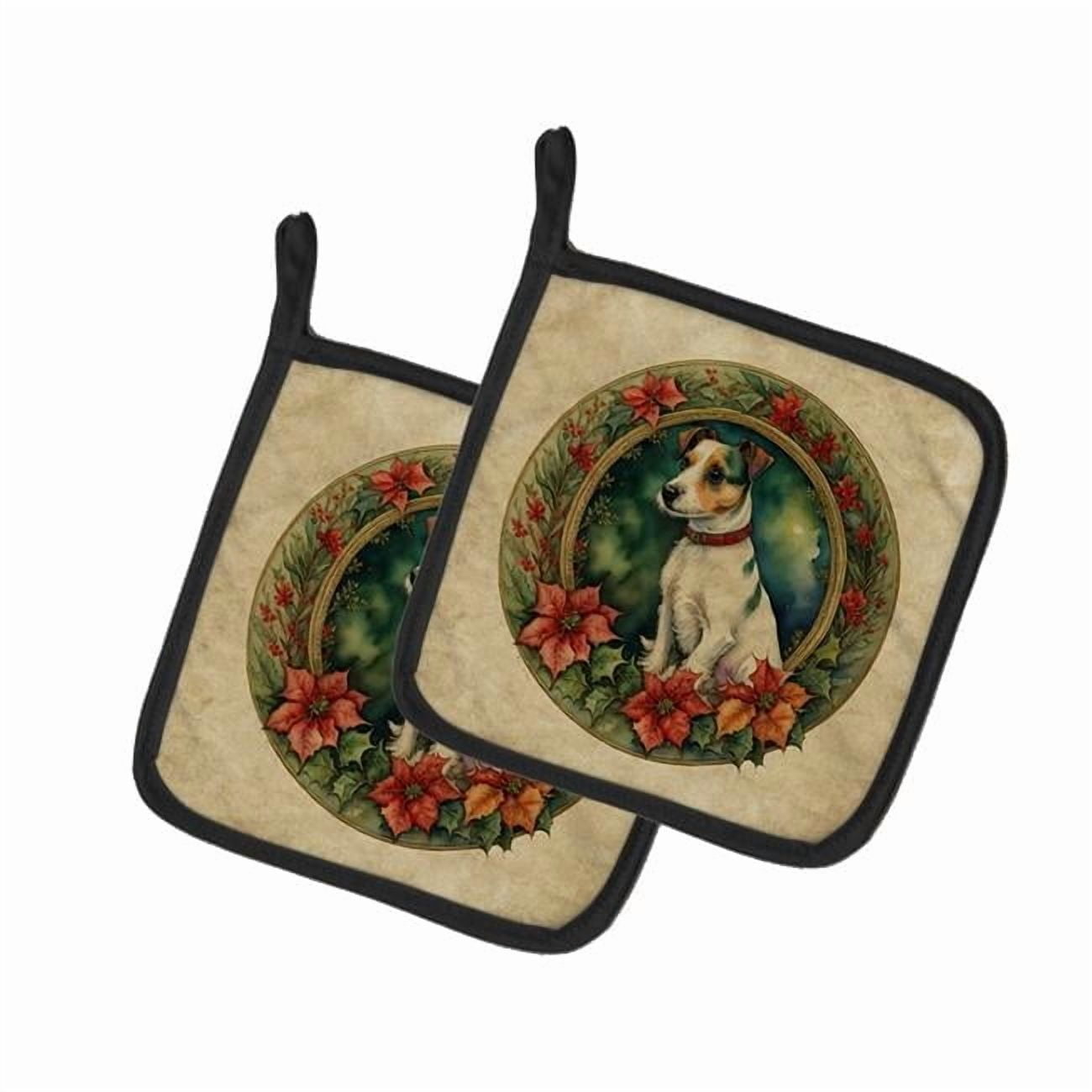 Carolines Treasures 7.5 x 7.5 in. Unisex Jack Russell Terrier Christmas Flowers Pair of Pot Holders