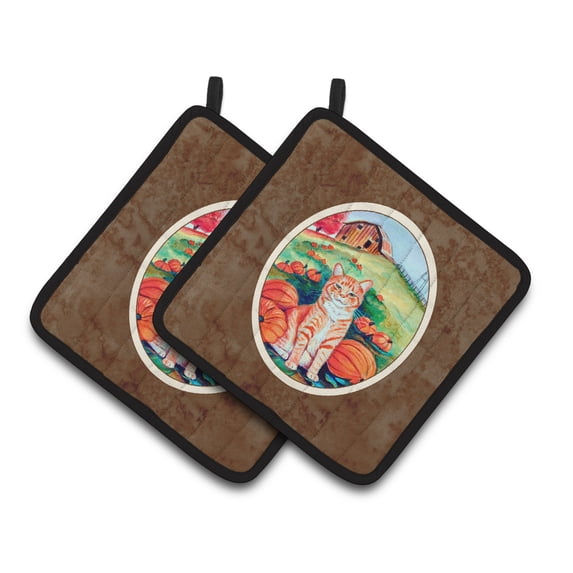 Carolines Treasures 7123PTHD Tabby Cat in Pumpins Pair of Pot Holders 7.5HX7.5W multicolor