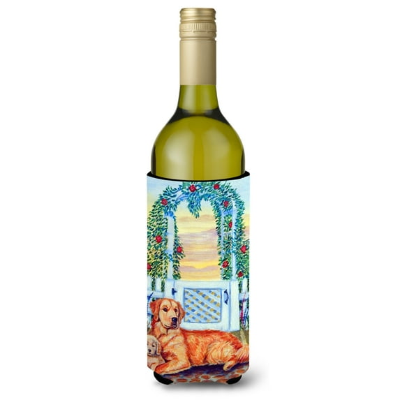 Carolines Treasures 7148LITERK Golden Retriever and puppy at the fence Wine Bottle Hugger Wine Bottle multicolor