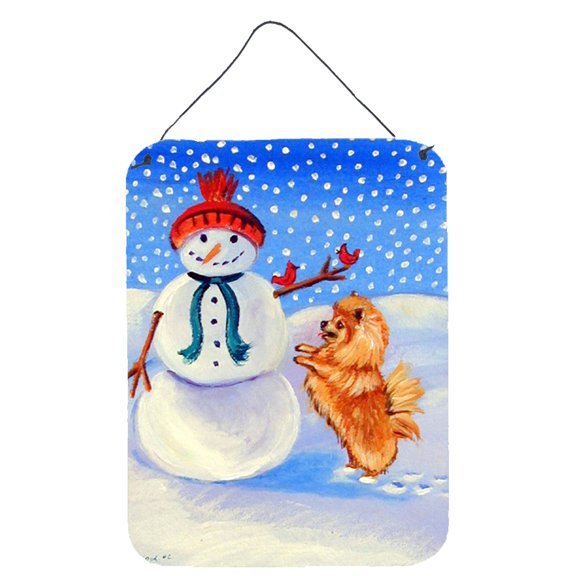 Carolines Treasures 7151DS1216 Snowman with Pomeranian Winter Snowman Wall or Door Hanging Prints 12x16 multicolor