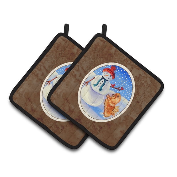Carolines Treasures 7151PTHD Snowman with Pomeranian Winter Snowman Pair of Pot Holders , 7.5HX7.5W, multicolor