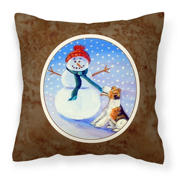 Carolines Treasures 7156PW1414 Snowman with Fox Terrier Fabric Decorative Pillow 14Hx14W multicolor