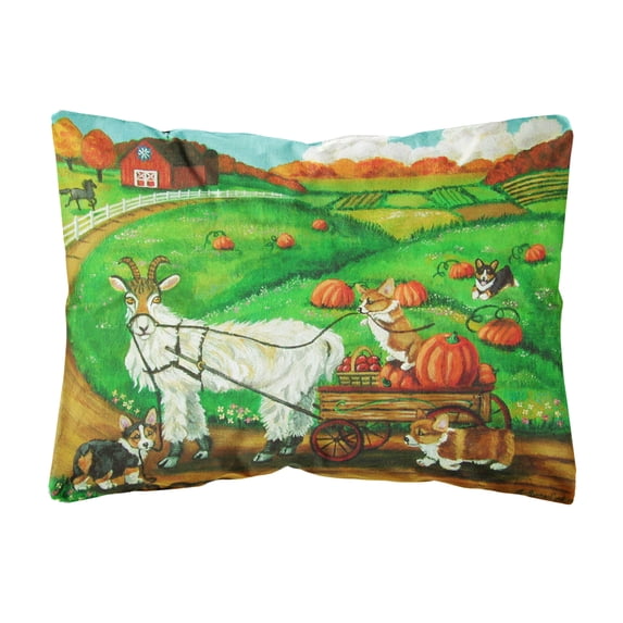 Carolines Treasures 7414PW1216 Corgi Pumpkin Ride with Goat Canvas Fabric Decorative Pillow, 12H x16W, multicolor