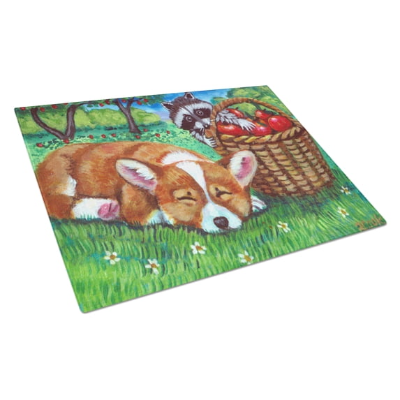 Carolines Treasures 7430LCB Corgi with the Racoon Thief Glass Cutting Board Large 12H x 16W multicolor