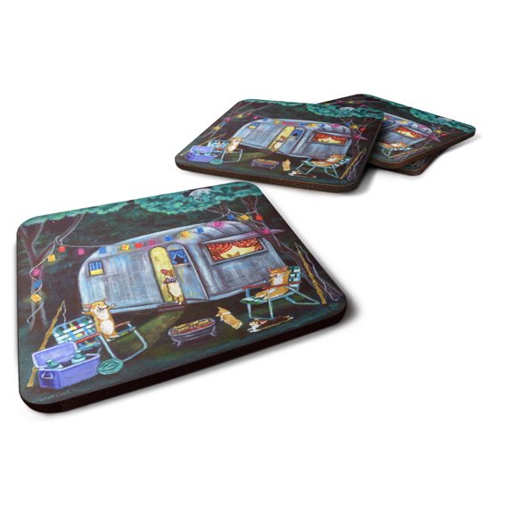 Carolines Treasures 7435FC Corgi Glamping Fish Tales Trailer Foam Coaster Set of 4 3 1/2 x 3 1/2 multicolor