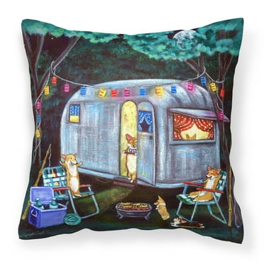 Carolines Treasures 7435PW1414 Corgi Glamping Fish Tales Trailer Fabric Decorative Pillow  14Hx14W multicolor