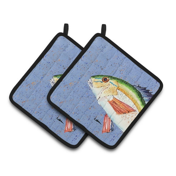 Carolines Treasures 8534PTHD Rainbow Trout on Blue Pair of Pot Holders , 7.5HX7.5W, multicolor