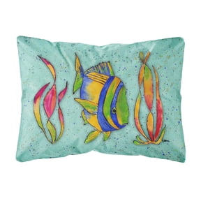 Carolines Treasures 8569PW1216 Tropical Fish on Teal Canvas Fabric Decorative Pillow, 12H x16W, multicolor