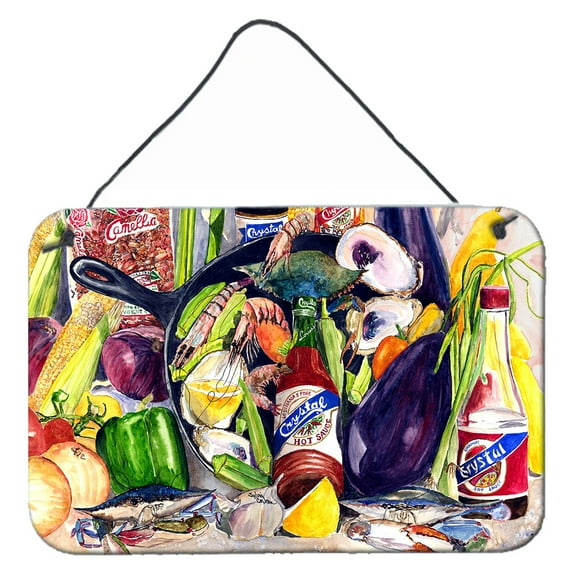 Carolines Treasures 8641DS812 Crystal Hot Sauce with Camellia Beans and Black Skillet Wall or Door Hanging Prints  8x12