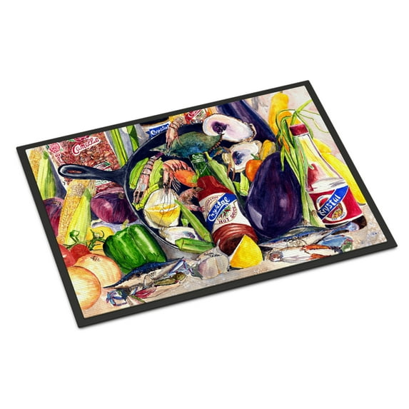 Carolines Treasures 8641JMAT Crystal Hot Sauce with Camellia Beans and Black Skillet Door Mat Indoor Rug or Outdoor