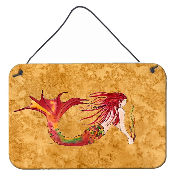 Carolines Treasures 8727DS812 Ginger Red Headed Mermaid on Gold Wall or Door Hanging Prints 8x12 multicolor